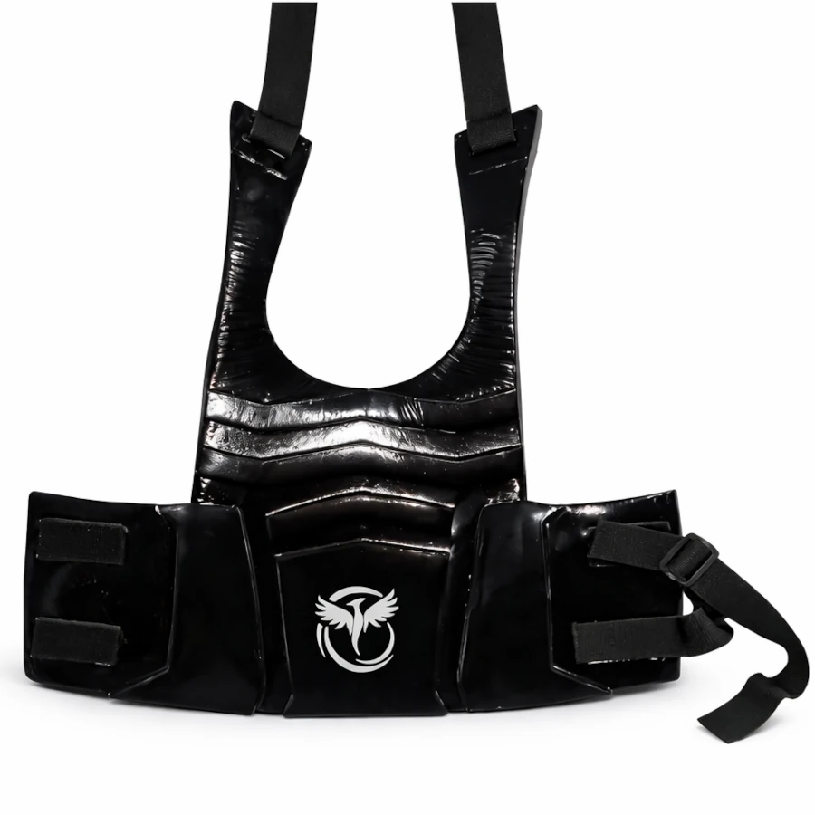 Black protective chest pad with straps on a white background