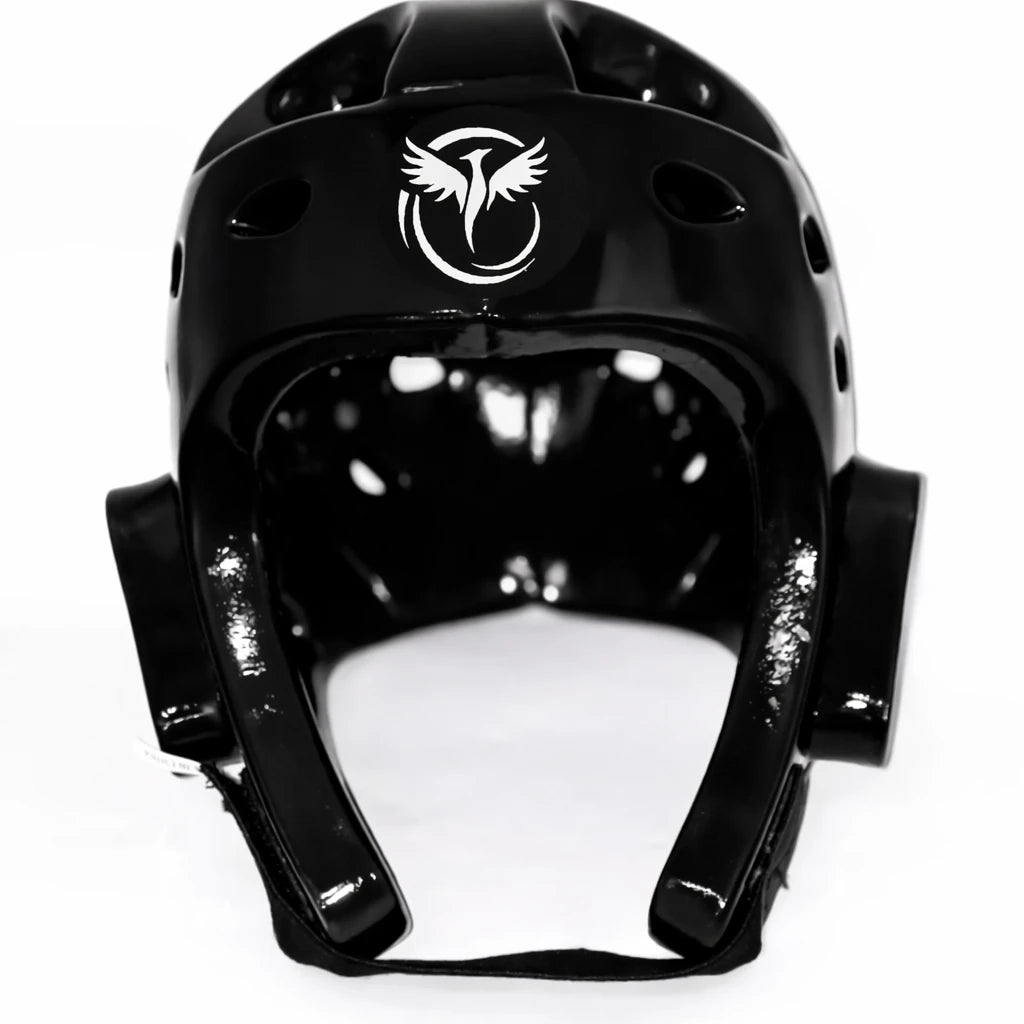 Black martial arts helmet with a logo on a white background