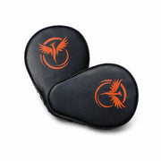 Two black boxing pads with orange eagle logo on a white background