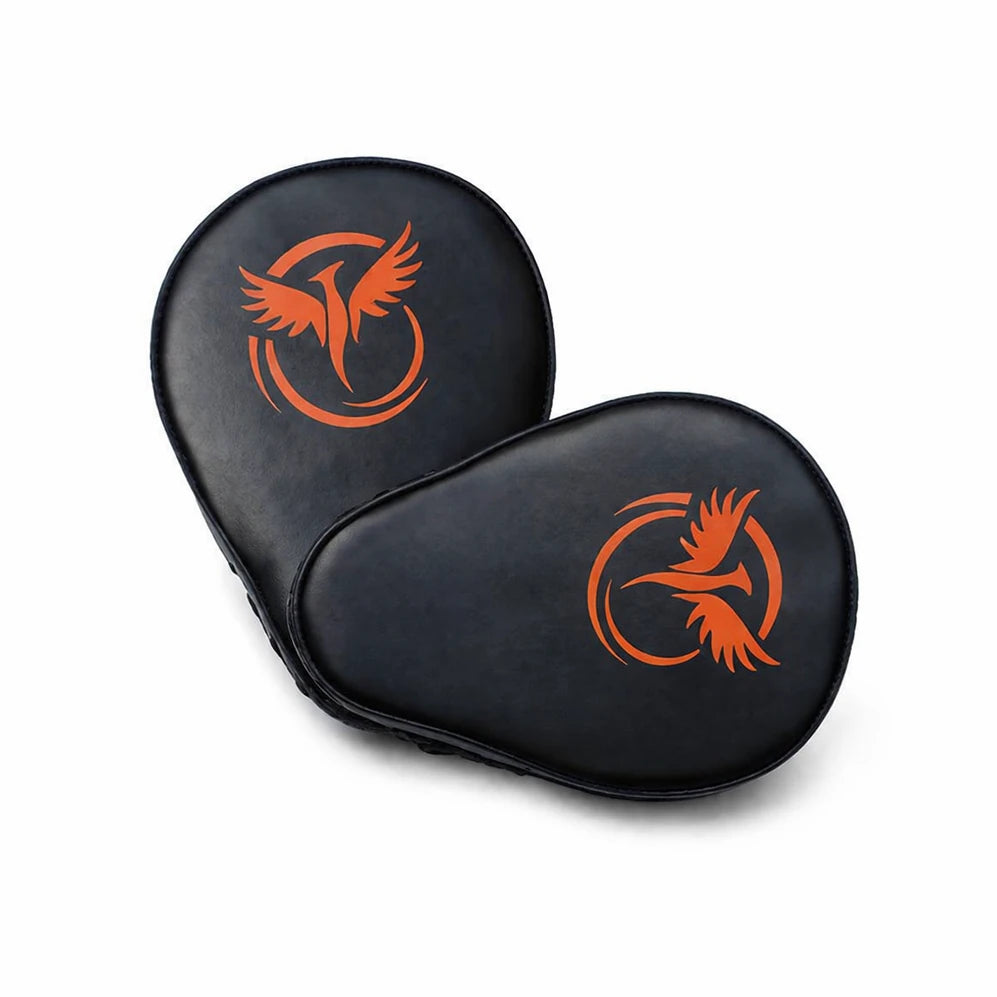 Two black boxing pads with orange eagle logo on a white background