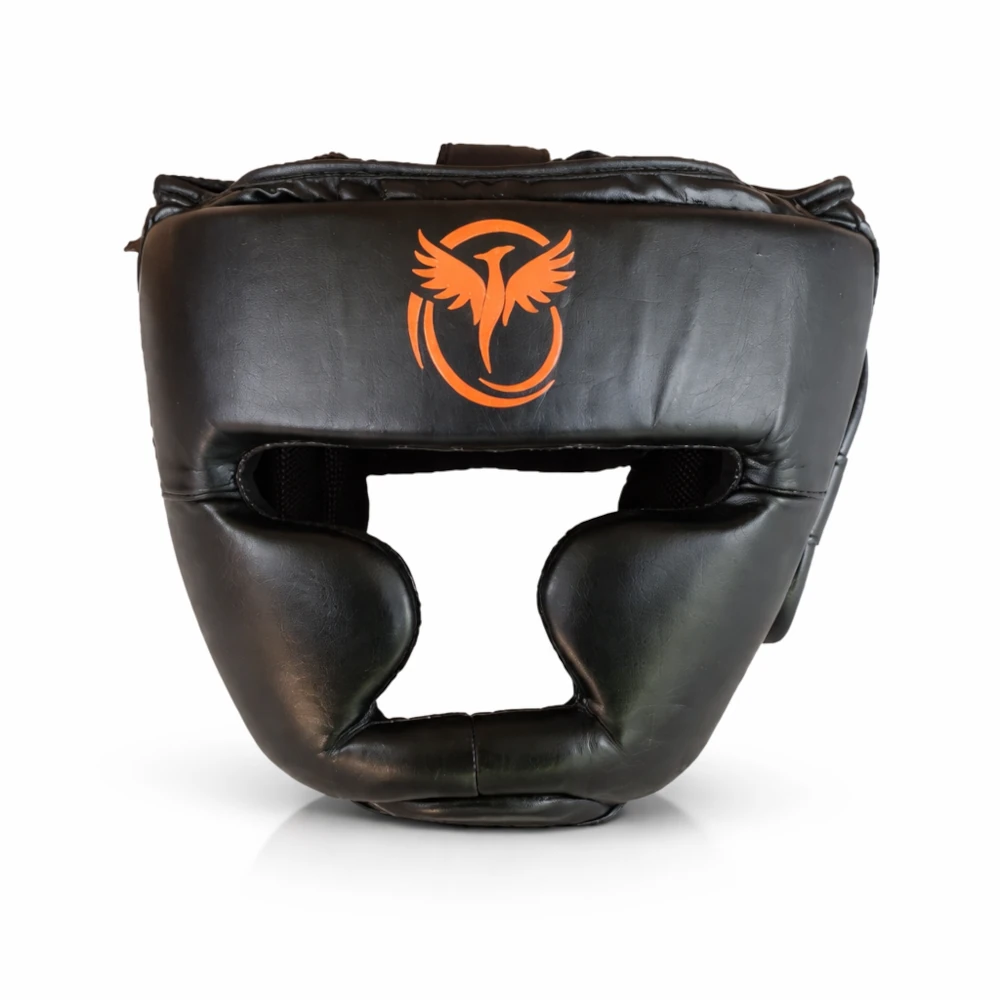 Black boxing headgear with an orange logo on a white background