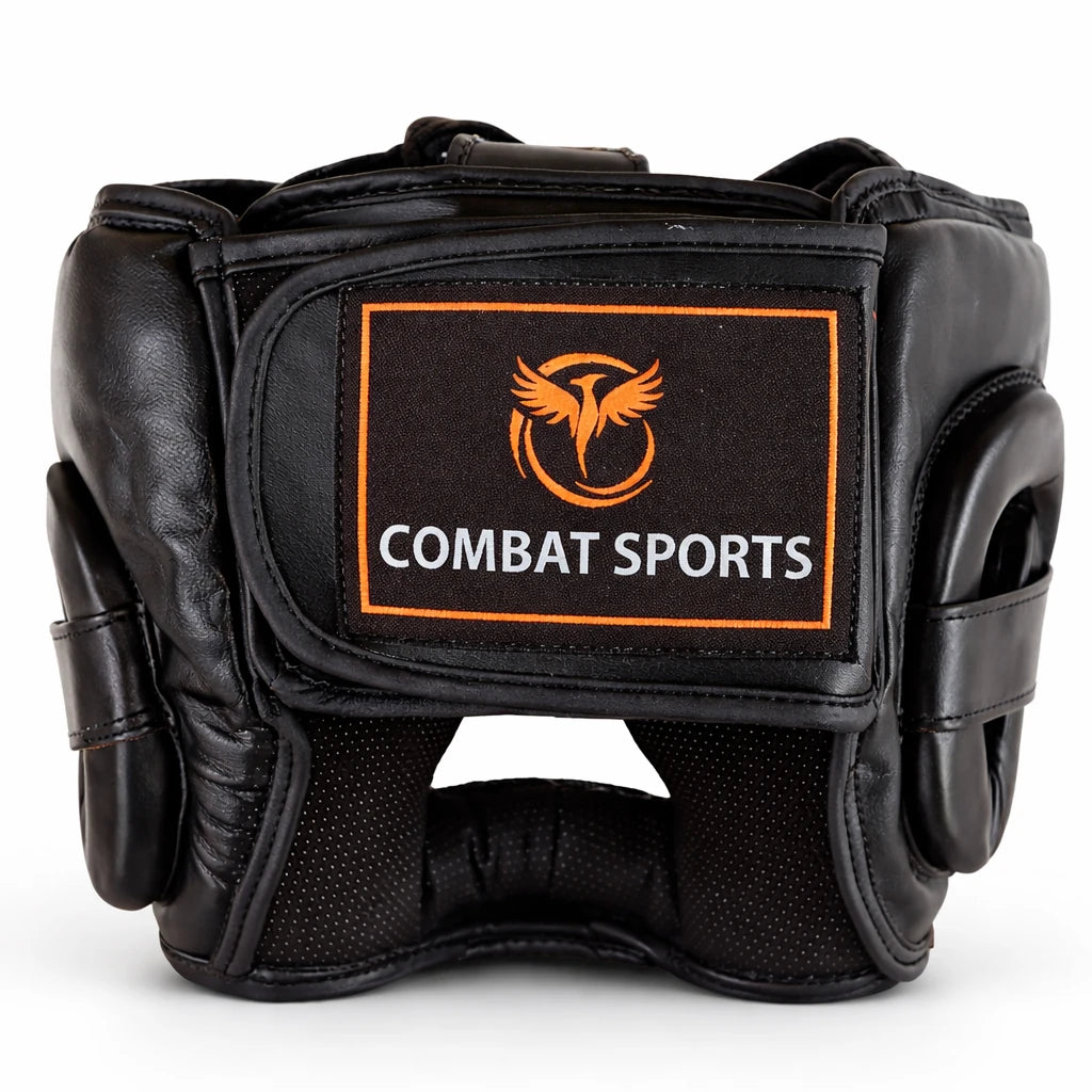 Black combat sports headgear with visible brand logo on a white background