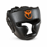Black boxing headgear with an orange logo on a white background