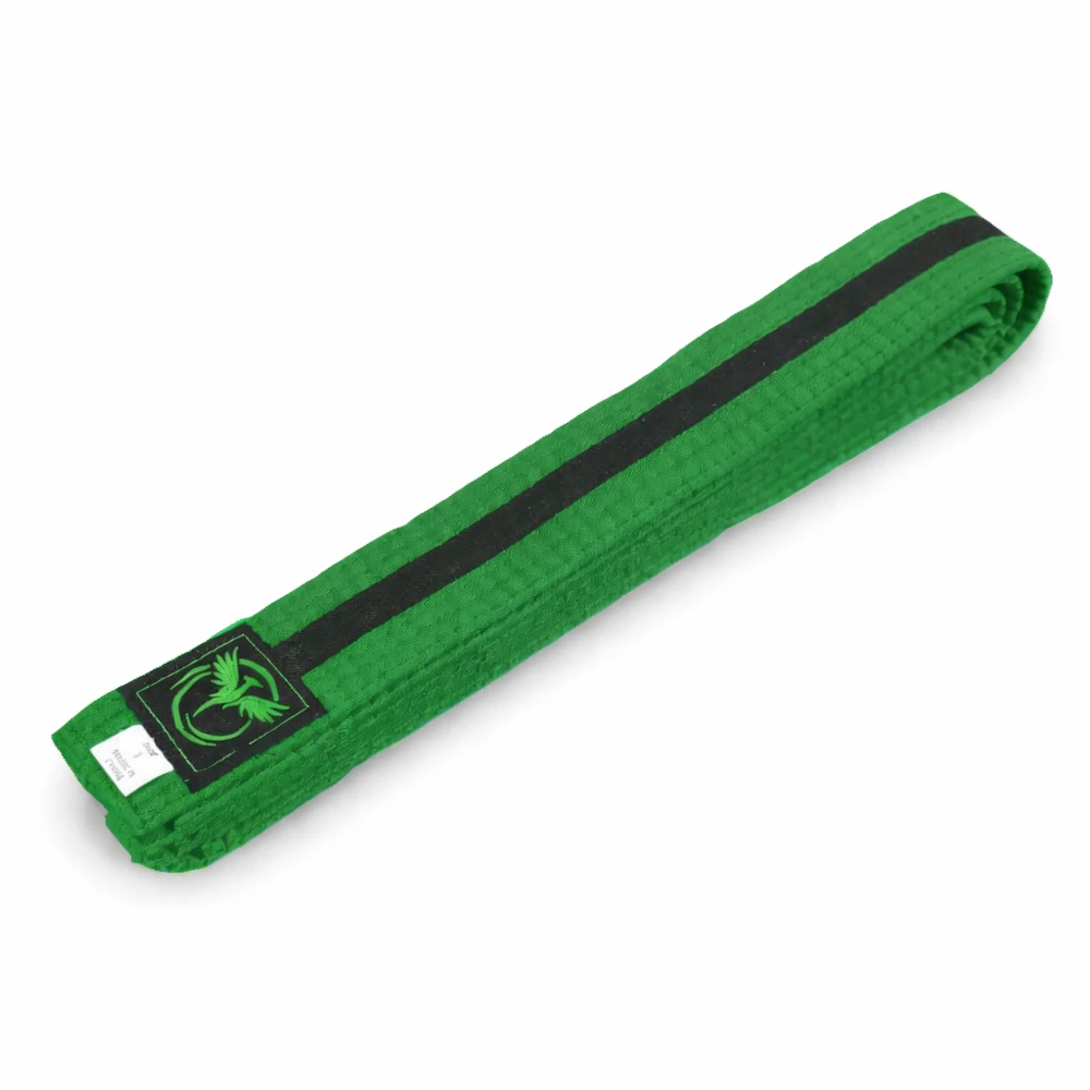 Green belt with a black stripe and logo on a white background