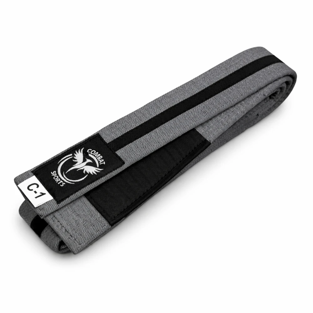 Gray belt with black strap and brand logo on a white background