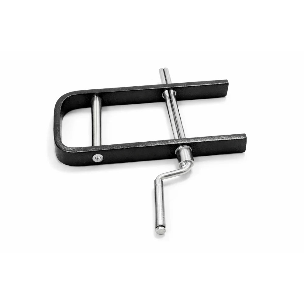 Black metal tool with a silver handle on a white background