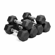 Set of black hexagonal dumbbells on a white background