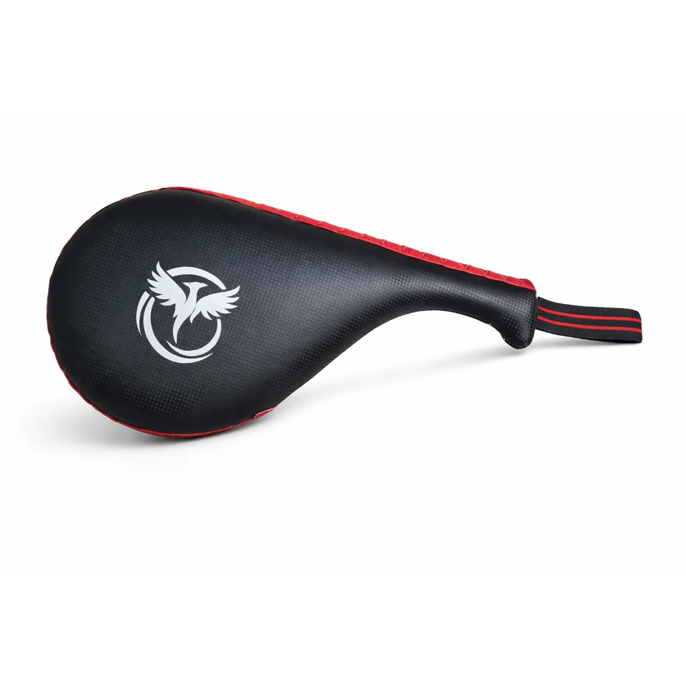 Black and red paddle with a white logo on a white background