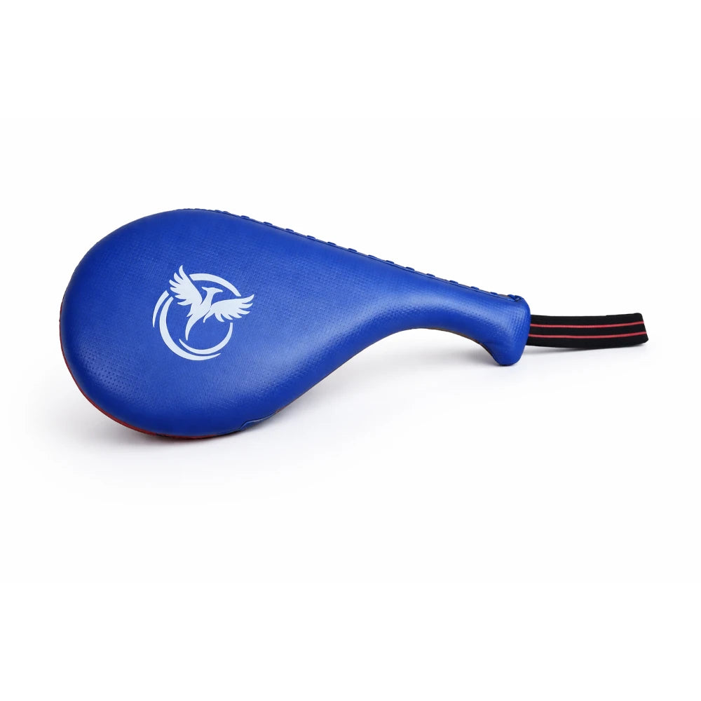 Blue kick paddle with a logo on a white background