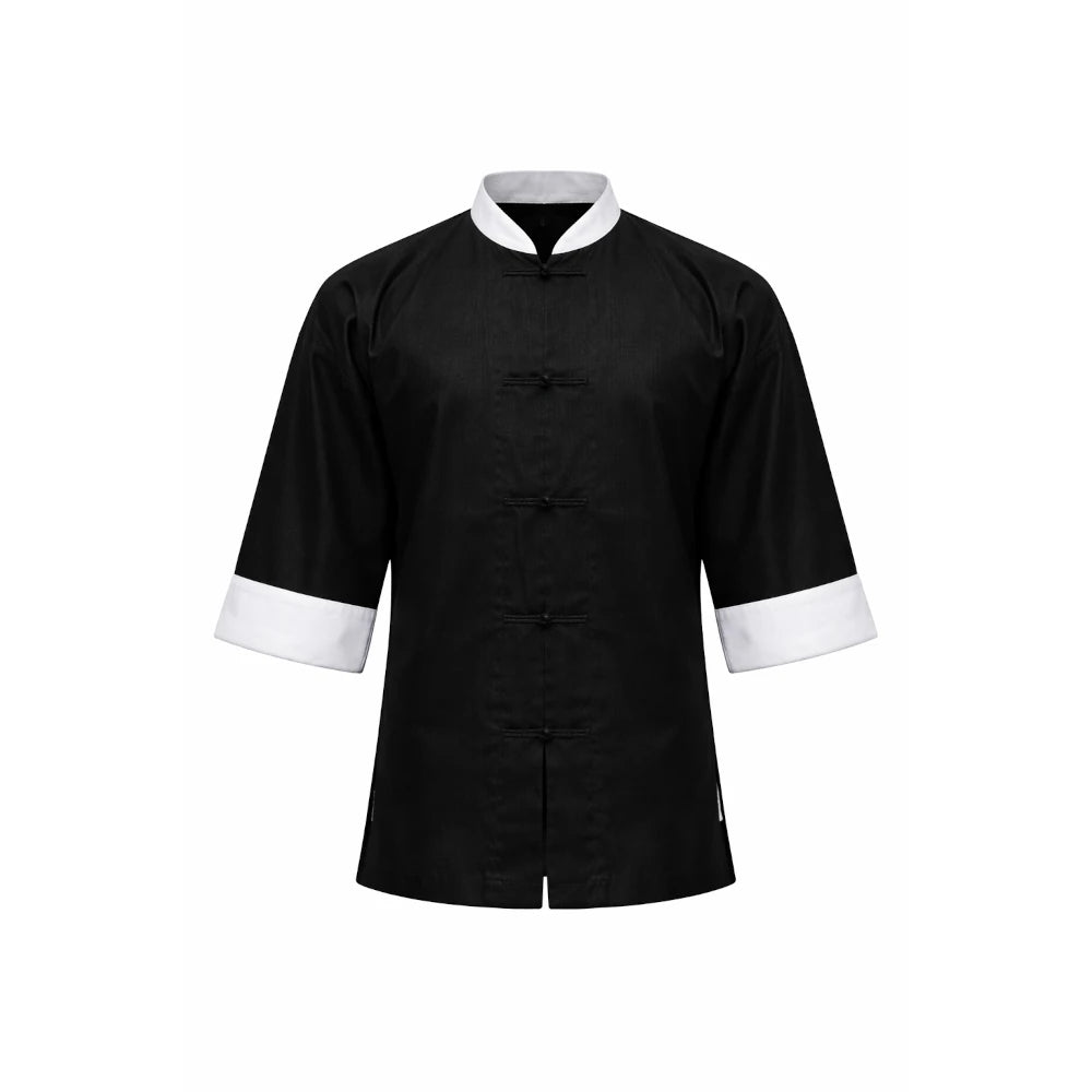 Black kung gu top with white cuffs and collar on a white background