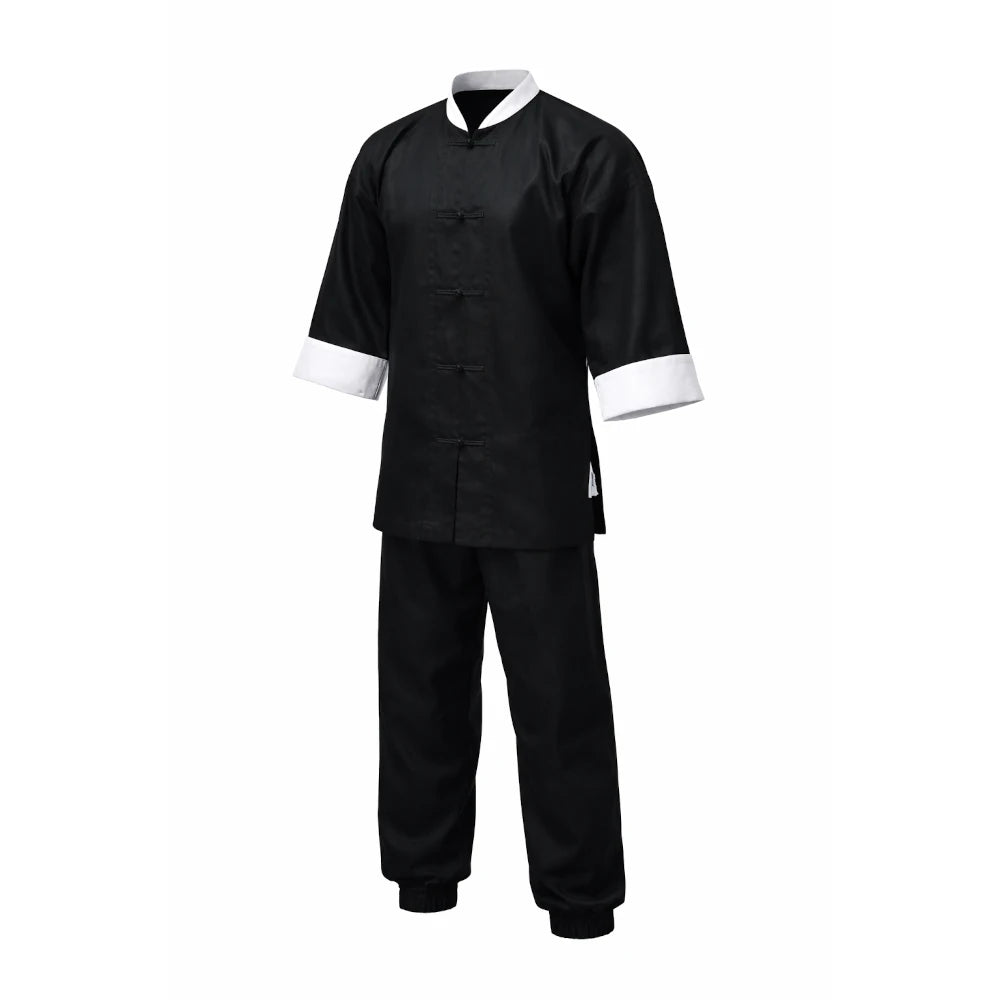 Black martial arts uniform with white trim on a white background