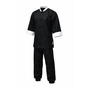 Black martial arts uniform with white trim on a white background