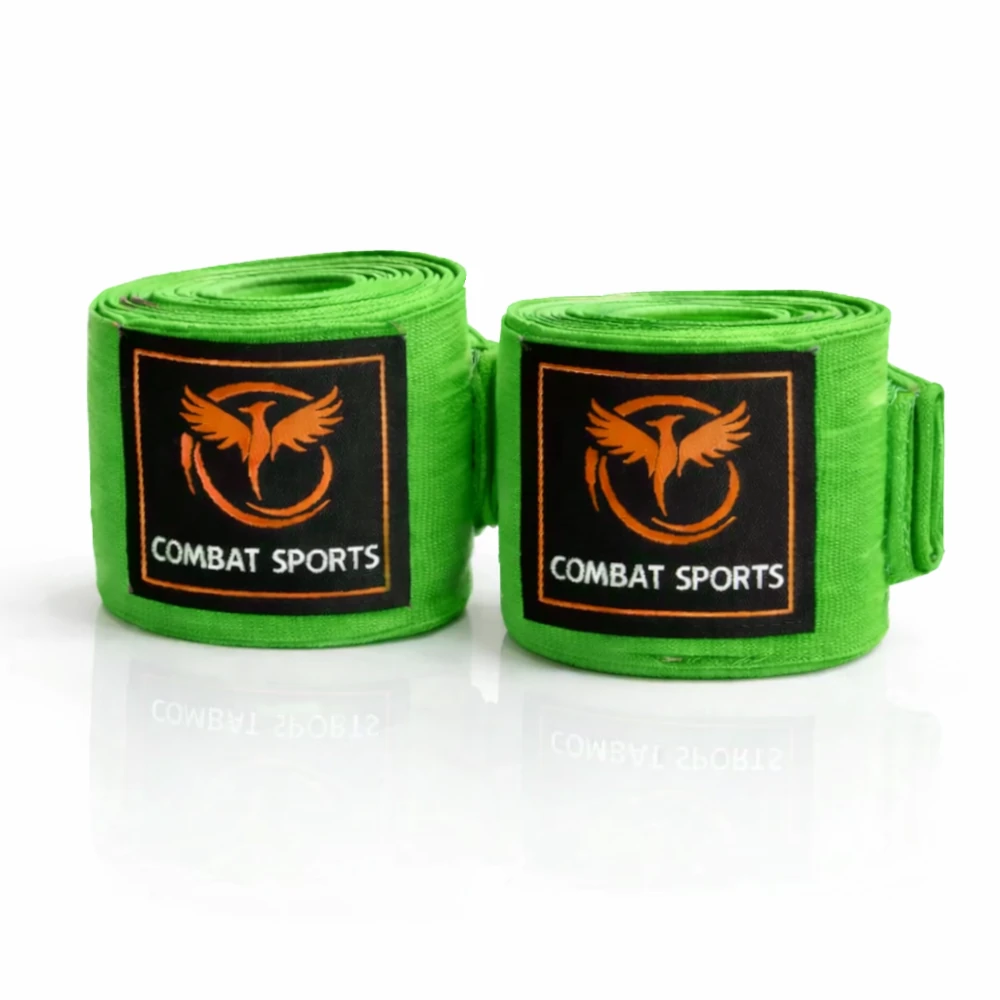 Two green boxing hand wraps with Combat Sports logo on a white background