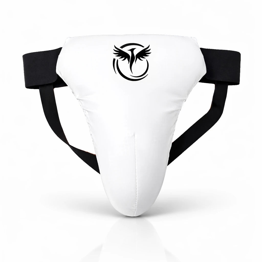 White athletic groin guard with black straps and a logo on a white background