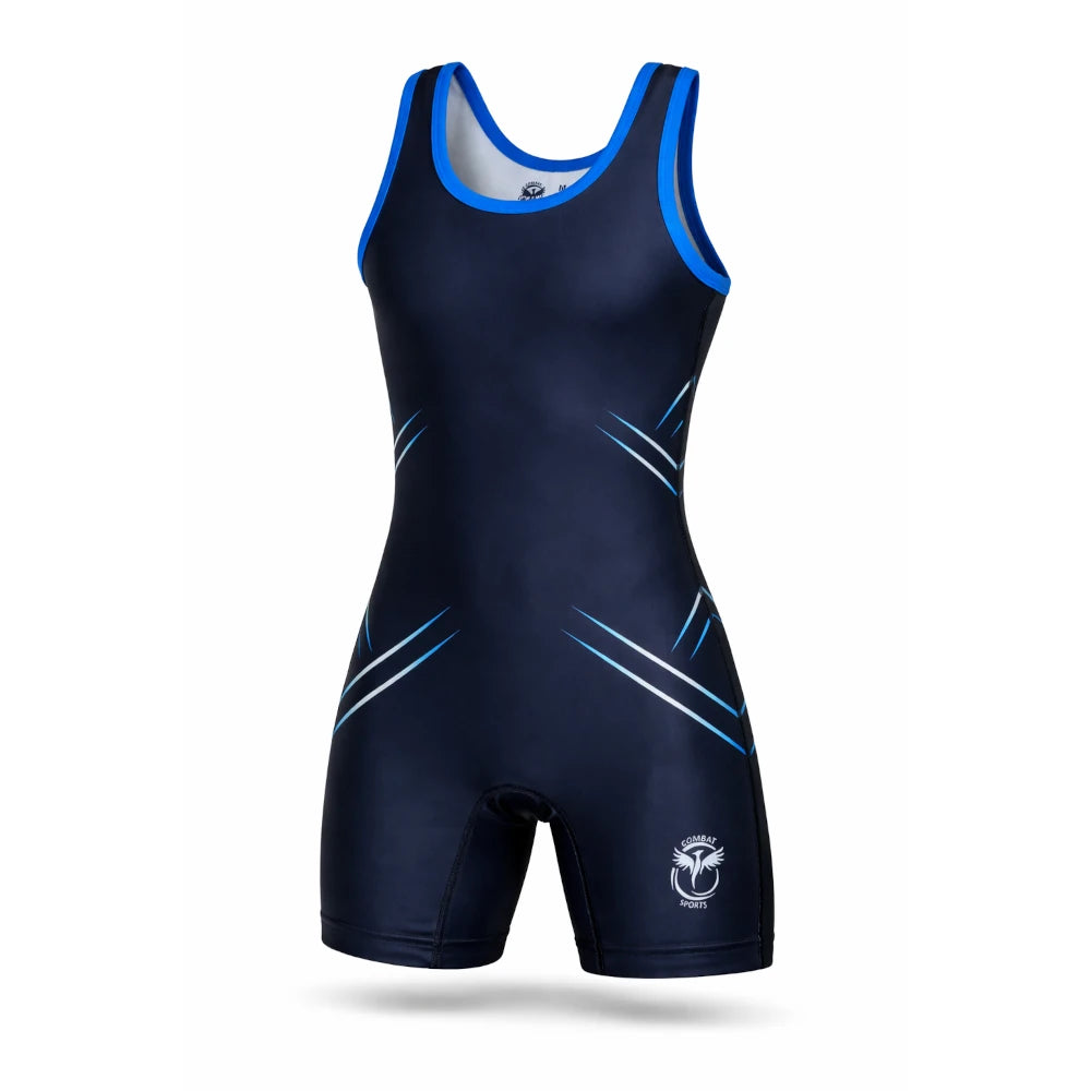 Black and blue wrestling singlet with a logo on a white background