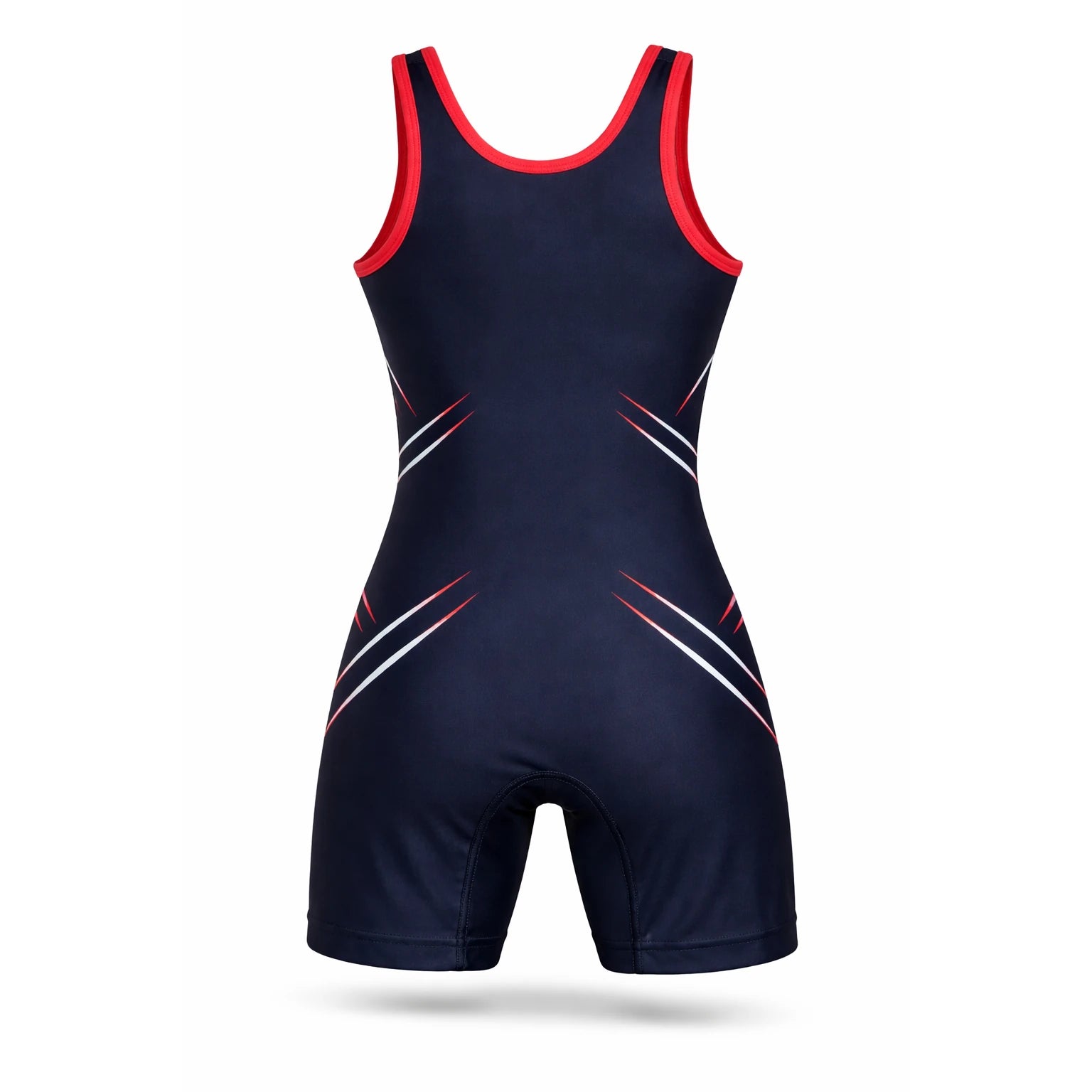 Navy blue and red wrestling singlet on a white background