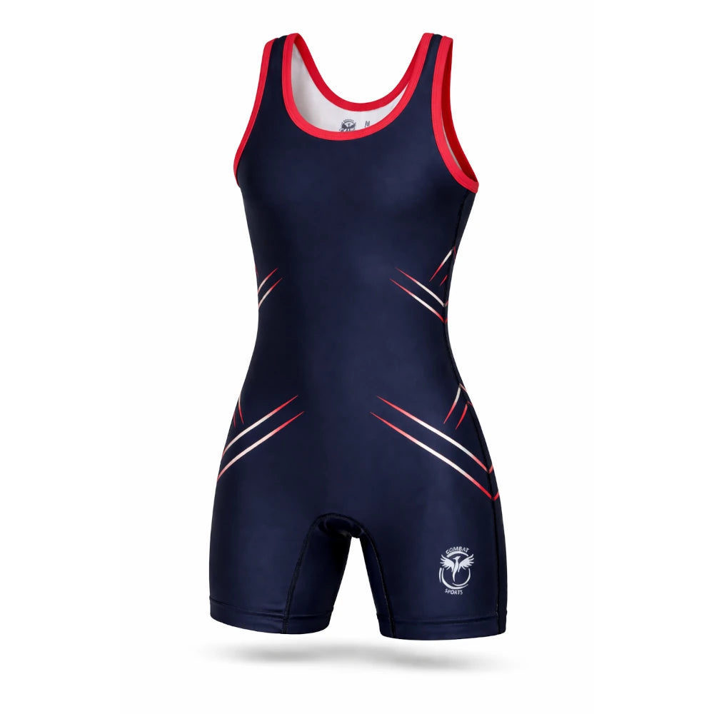 Navy blue athletic wrestling suit with red and white accents on a white background
