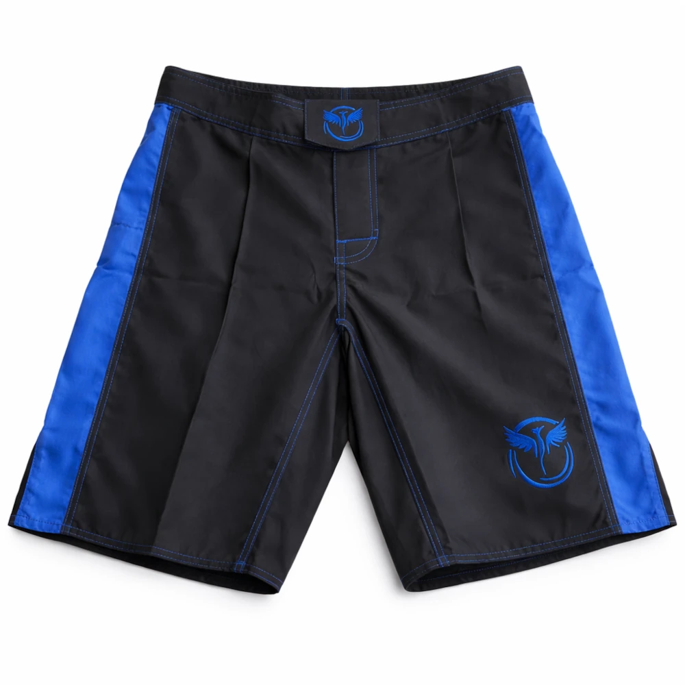 Black MMA shorts with blue accents and a logo on a white background
