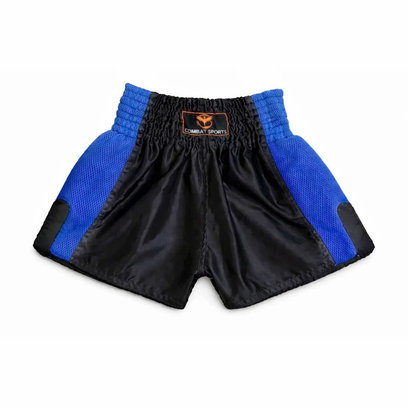 Black and blue Thai boxing shorts with a visible brand logo on a white background