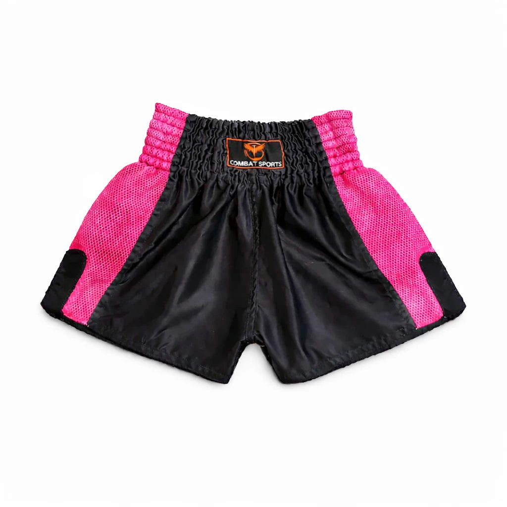 Black and pink Thai shorts with a visible brand logo on a white background