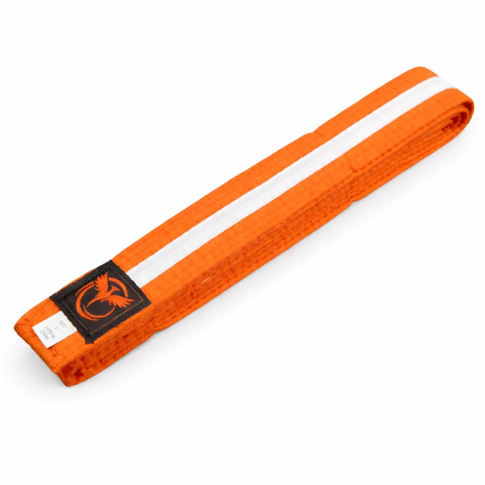 Orange belt with a white stripe and black label on a white background