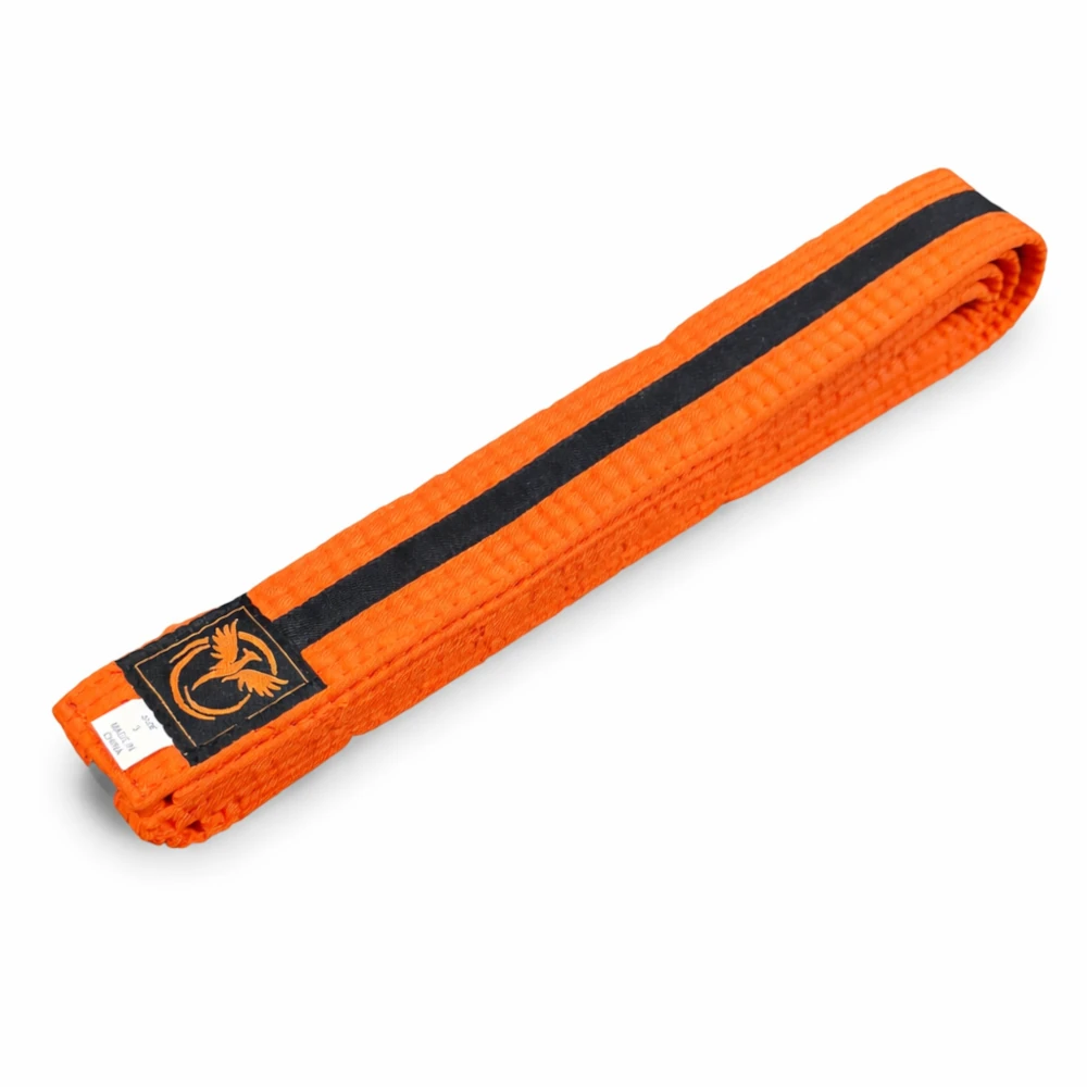 Orange belt with black stripe on a white background