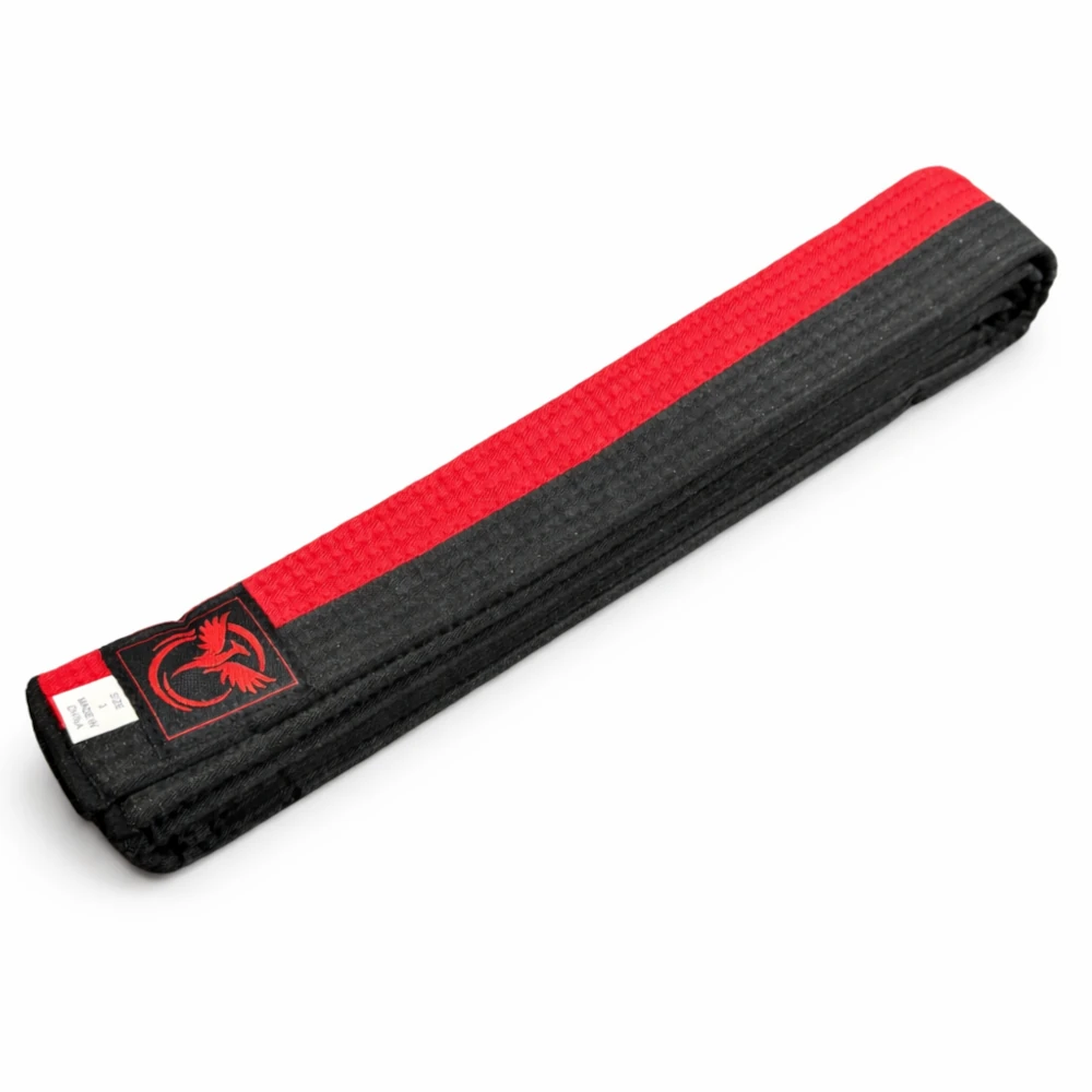 Black and red belt with a logo on a white background