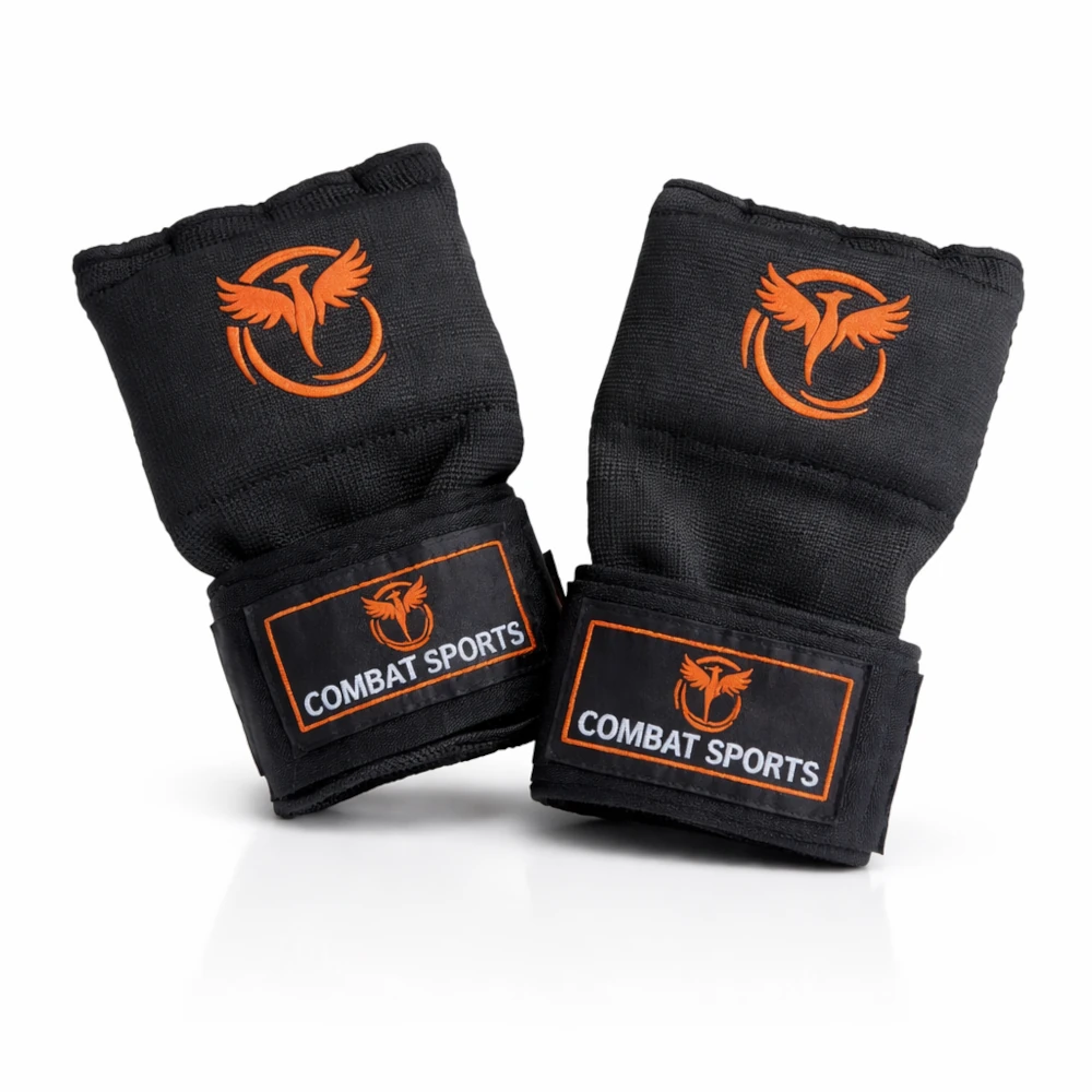 Pair of black quick wraps with orange logos and text on a white background