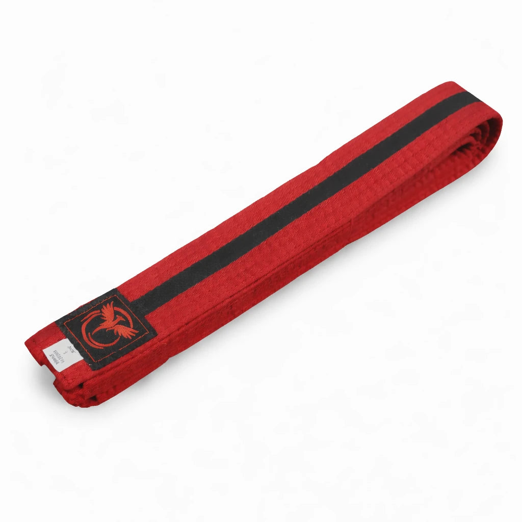 Red belt with a black stripe and logo on a white background