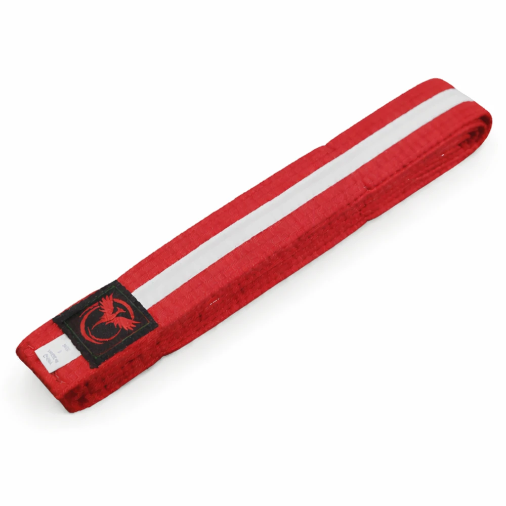 Red belt with a white stripe and logo on a white background