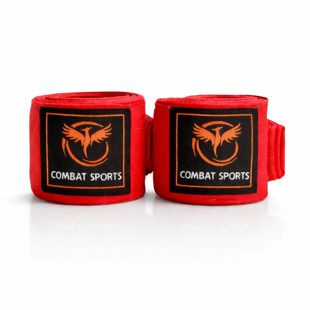 Red boxing hand wraps with Combat Sports logo on a white background