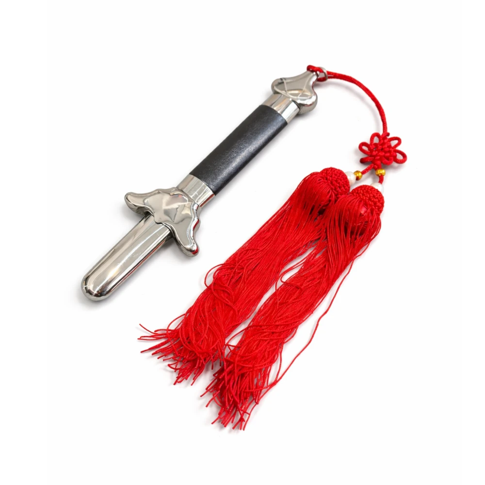 Decorative sword with red tassels and a small Chinese knot on a white background
