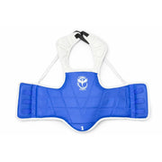 Blue athletic chest protector with white strap on a white background
