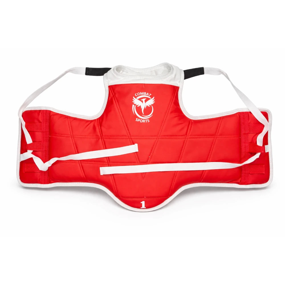 Red and white sports protective vest with a visible brand logo on a white background