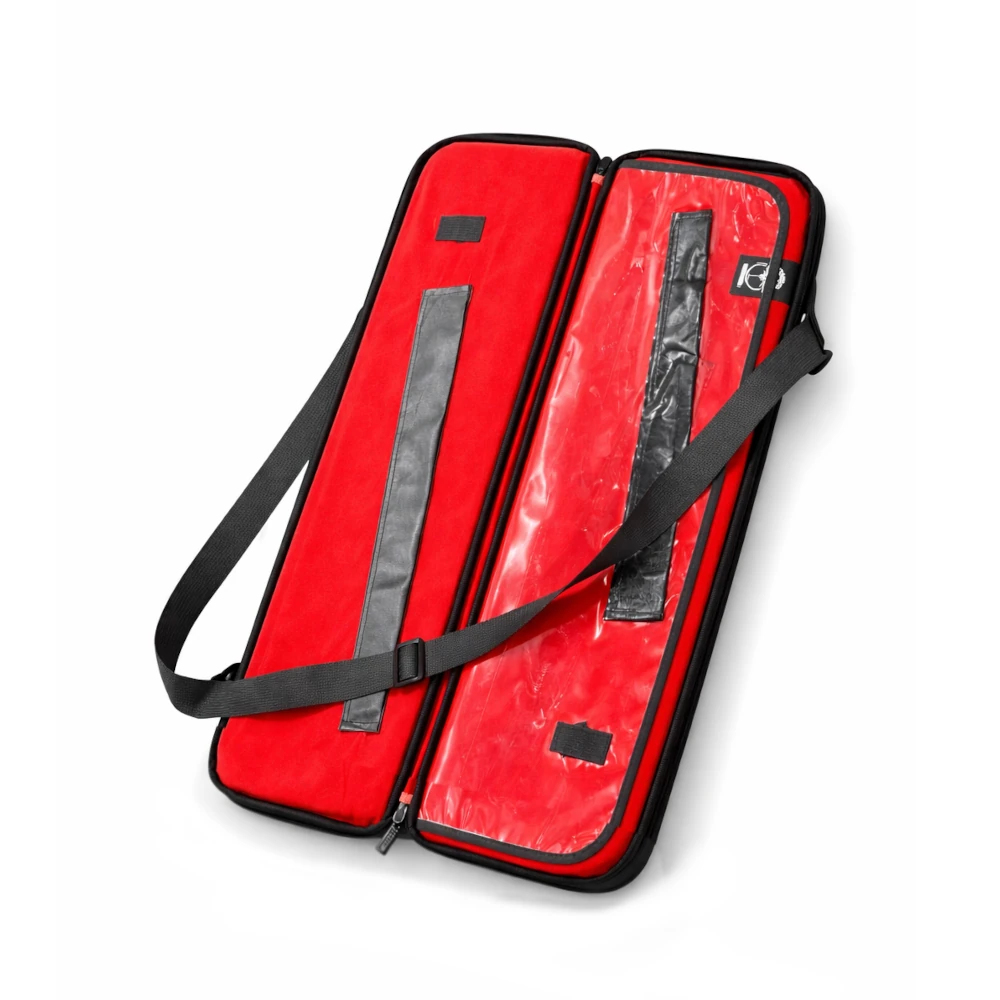 Large red protective sai case with black straps on a white background