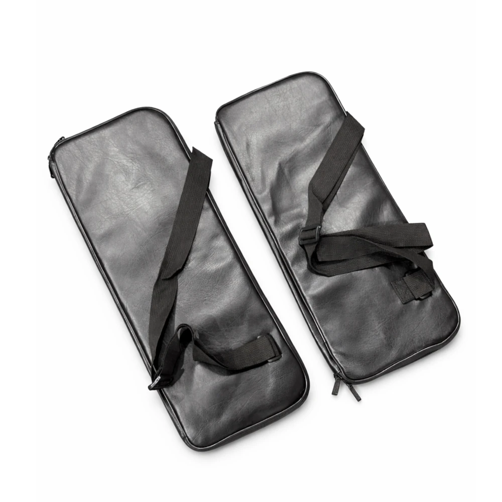Two black carrying cases with black straps on a white background