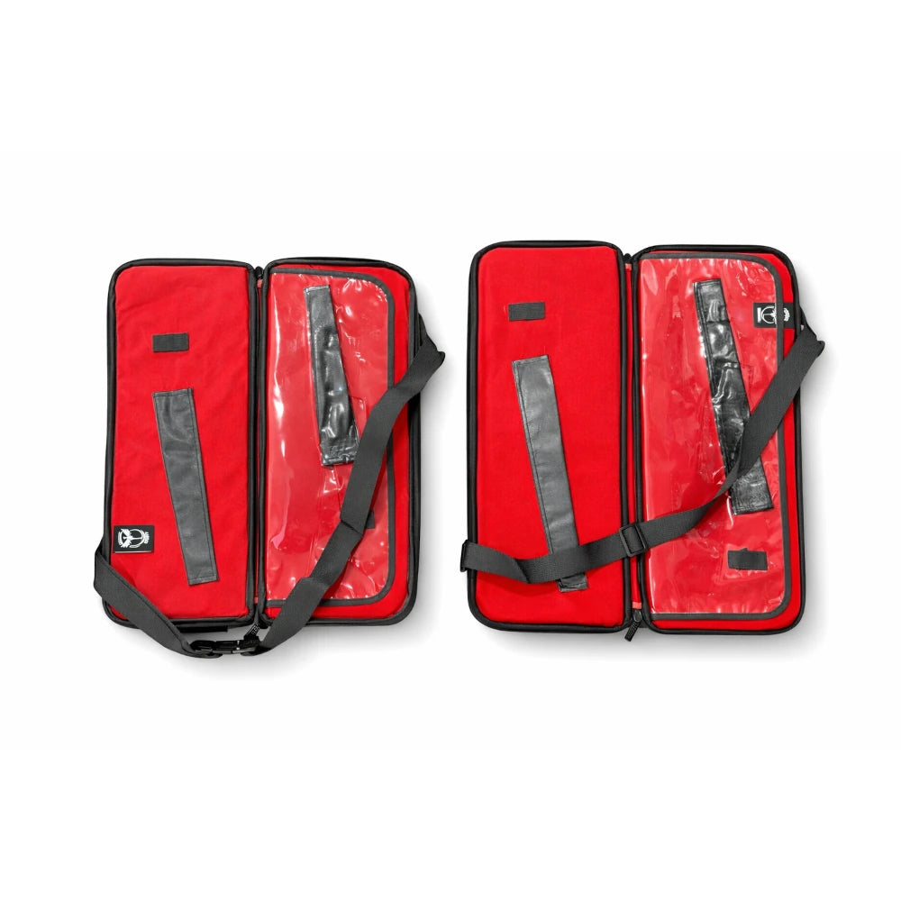 Two red Sai cases with clear panels and black straps on a white background