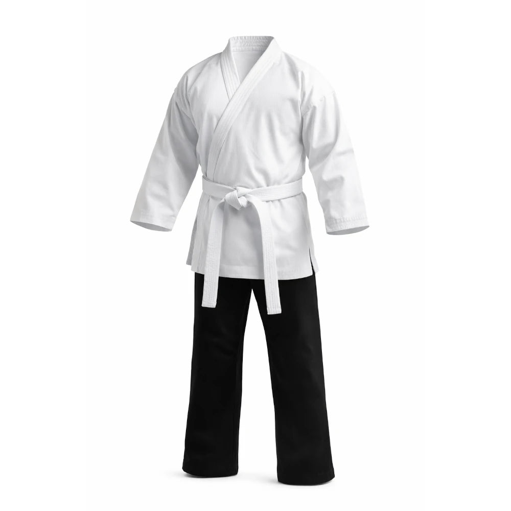 White martial arts uniform with black pants on a white background