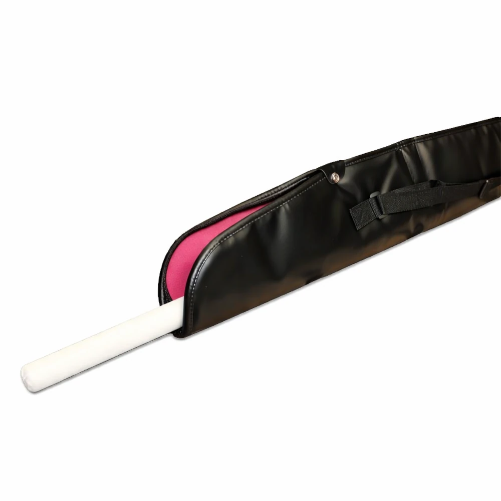Black shinai case with a pink interior and white shinai handle inside on a white background