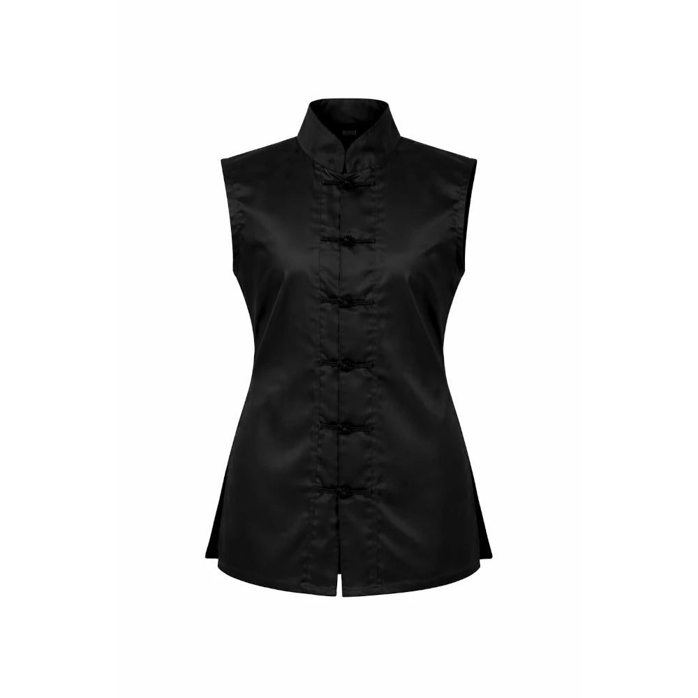 Black sleeveless top with button details on a white background
