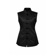 Black sleeveless top with button details on a white background