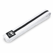 White belt with a black stripe and logo on a white background