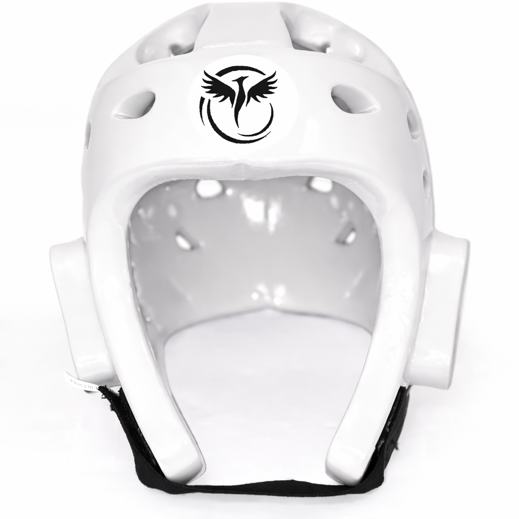 White protective headgear with a logo on a white background