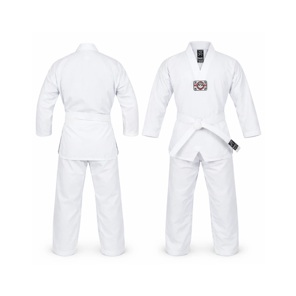 White martial arts uniform with a visible brand logo on a white background