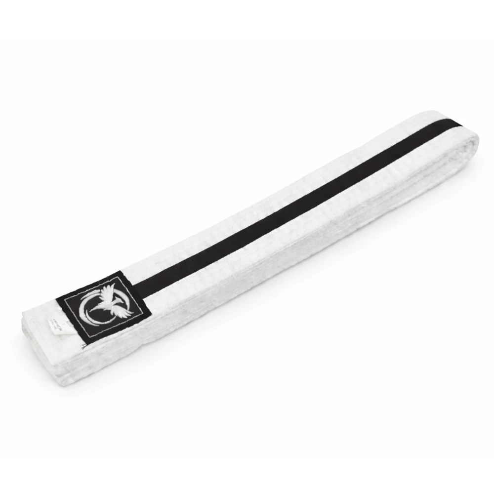 White belt with a black stripe and logo on a white background