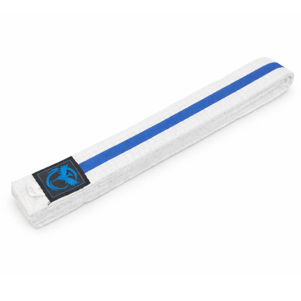 White belt with a blue stripe and logo on a white background