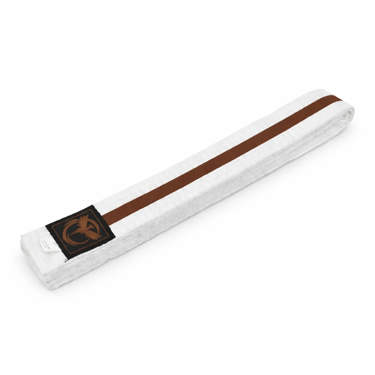 White belt with a brown stripe and black patch on a white background