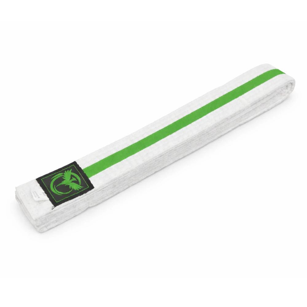White belt with green stripe and black logo on a white background