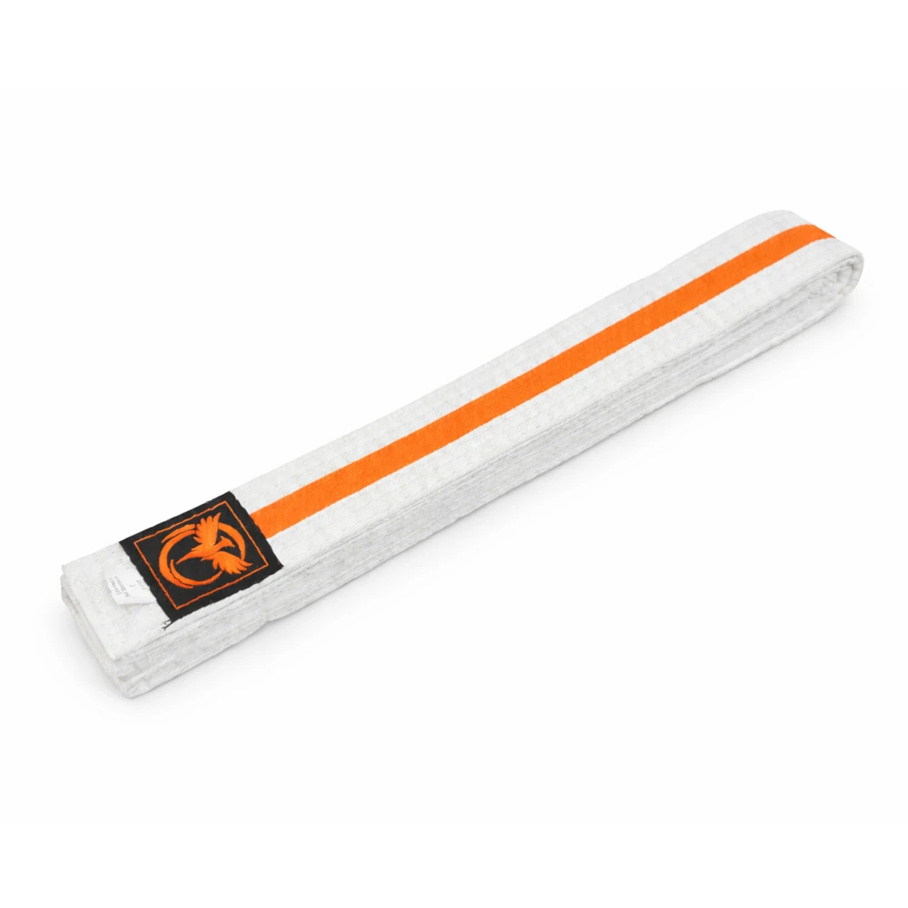 White belt with an orange stripe and a black logo on a white background