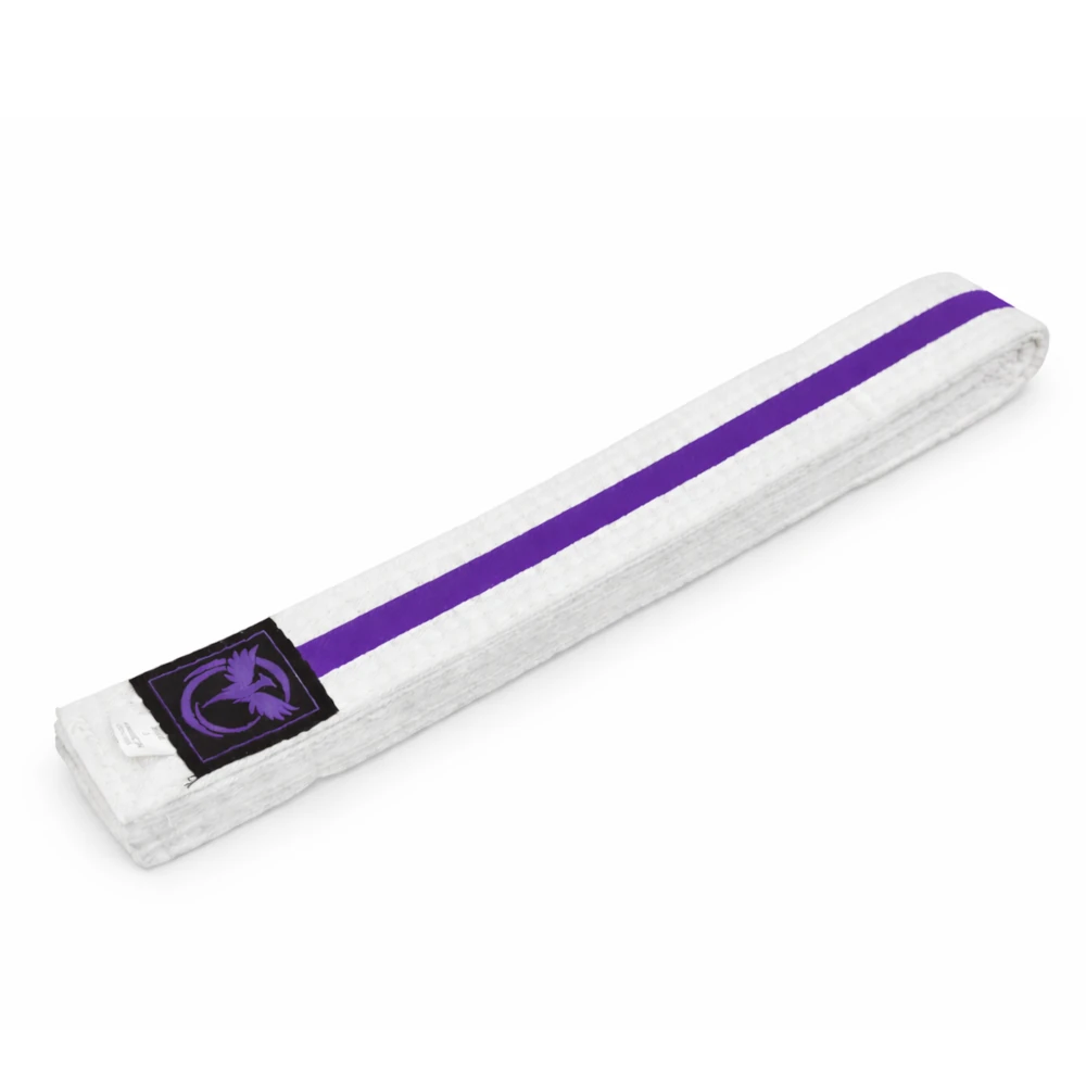 White martial arts belt with purple stripe and black patch on a white background